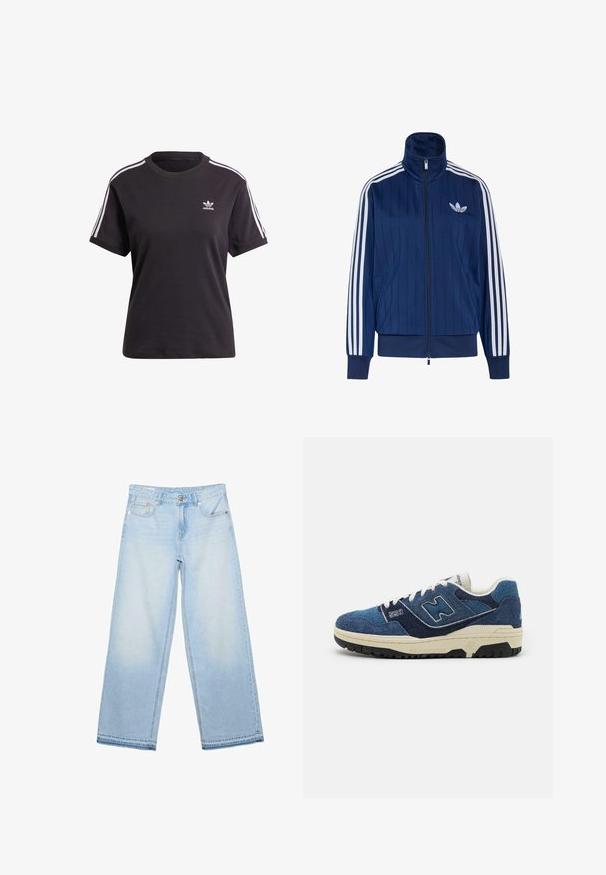 Mørkeblå trackjakke med lynlås med hvide tre striber på ærmerne og hvidt trefoil-logo på venstre bryst, ribstrikkede manchetter og kant.; Sort bomulds t-shirt med korte ærmer og rund hals, der har hvide striber på skuldrene og et lille hvidt Adidas-logo på brystet.; Lyseblå vidde bukser med høj talje, forreste knap, lynlås og fem-lomme design, lagt fladt på en hvid baggrund.; Blå ruskinds sneakers med kontrasterende marineblå paneler, hvide snørebånd og en tekstureret sort gummisål. Modellnummer "550" vist på siden.