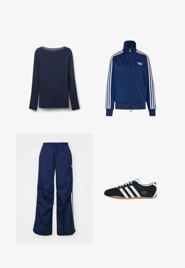 Veste de survêtement bleu marine zippée avec trois bandes blanches sur les manches et logo trèfle blanc sur la poitrine gauche, poignets et ourlet côtelés.; Haut à manches longues bleu marine en tissu doux, avec un col rond et une coupe décontractée. Les bords de l'ourlet et des manches sont soigneusement finis.; Pantalon bleu marine, léger, avec taille élastique et cordon de serrage, présentant des rayures blanches sur les côtés et un petit logo à l'avant. Coupe ample.; Sneakers en suede noir avec trois bandes blanches, logo doré et semelle en caoutchouc marron. Présente un design à lacets à profil bas.