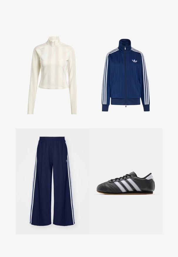 Navyblauwe trainingsjas met rits, witte drie strepen op de mouwen en wit trefoil-logo op de linkerborst, geribde boorden en zoom.; Witte langesleeve zip-up top met hoge kraag, met subtiele verticale strepen en logo-accenten op de borst en mouw. Zachte stofstructuur.; adidas Originals PANT - Trainingsbroek - night indigo; Zwarte leren sportschoen met witte strepen, ronde neus, platte zool en vetersluiting. Bevat perforaties voor ademend vermogen.