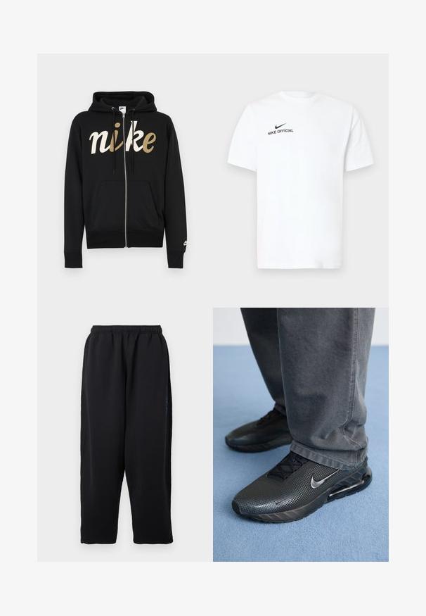 Sort lynlås-hættetrøje med hvidt og gyldent logo foran, udstyret med snøre i hætten og frontlommer. Blød stoftekstur.; Hvid bomulds T-shirt med korte ærmer. Har en sort "Nike Official"-logo og en sort swoosh på venstre brystside.; Sorte joggingbukser lavet af blødt stof med elastisk taljebånd, vidde ben og sidelommer med diskrete blå detaljer.; Sorte Nike træningssko med en struktureret overdel, perforerede detaljer og en synlig luftdæmpningsenhed, parret med grå bukser.