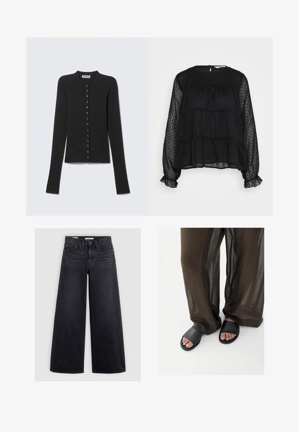 Sort og mørkegrå vandret striped langærmet cardigan med rund halsudskæring, lagt fladt.; Sort gennemsigtig bluse med prikket tekstur, lange puffede ærmer, flæser ved håndleddene og en rund halsudskæring med knaplukning bagpå.; Bredbenede sorte jeans lavet af denim, med høj talje, fem lomme-design og subtilt slid langs forsiden.; Fødder i sorte slidesandaler parret med løstsiddende, gennemsigtige brune bukser mod en ensfarvet hvid baggrund.