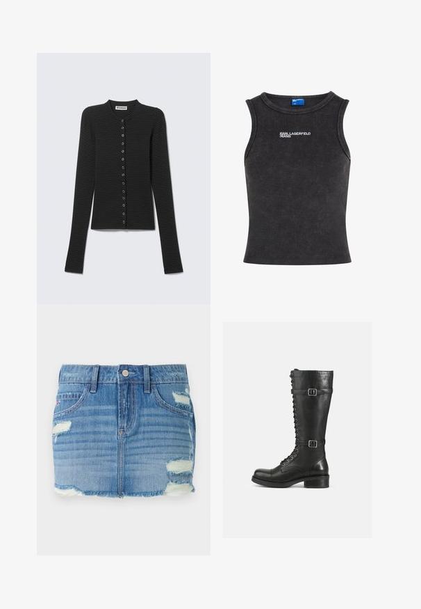 Čierny a tmavosivý horizontálne pruhovaný dlhý rukáv s gombíkmi a okrúhlym výstrihom, položený na rovnej ploche.; Čierny rebrovaný crop top bez rukávov s okrúhlym výstrihom a bielym vyšivaným logom "KARL LAGERFELD JEANS" na hrudi.; Džínová mini sukňa v svetlomodrej farbe s poškodeným vzhľadom. Obsahuje rozstrapkané okraje, vyblednuté oblasti a niekoľko roztrhnutí. Predné zapínanie na gombík a vrecká.; Vysoké čierne kožené čižmy s šnurovaním na prednej strane, bočnými prackami, hladkou textúrou, okrúhlou špičkou a pevnou nízkou pätou.