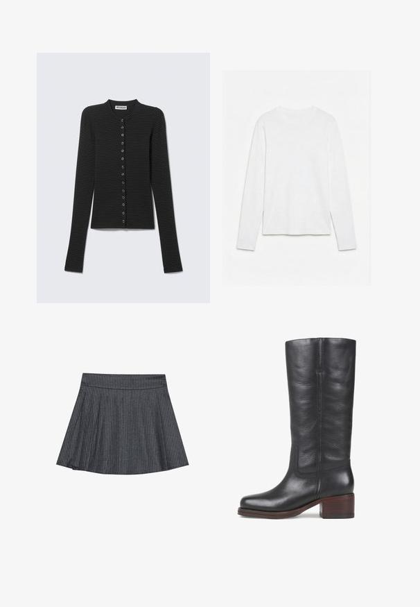 Zwart en donkergrijs horizontaal gestreept, langmouwig, button-up vest met ronde hals, plat gelegd.; Effen wit, langarmig shirt met ronde hals, plat neerligt op een witte ondergrond, waarbij de voorkant en de volledige mouwlengte zichtbaar zijn.; Grijze pinstriped skaterrok met een aansluitende tailleband, uitlopende A-lijnvorm en zachte stoftextuur. Verticale lijnen vergroten de visuele belangstelling.; Zwarte leren kniehoge laars met een gladde textuur, vierkante neus en een gestapelde houten hak. Kenmerken zijn subtiele stiksels en een zijnaadontwerp.
