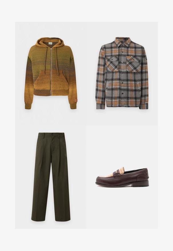 Gebreide hoodie met ritssluiting met verloop in bruine en groene tinten, voorzakken, capuchon met trekkoord en geribde manchetten en zoom.; Grijs, zwart en bruin geruit overhemd met knopen, twee borstzakken met klep en een kraag, weergegeven op een witte achtergrond.; Olijfgroene wijde broek van katoen met een gladde textuur, voorzien van een voorzak, riemlussen en een enkele knoopsluiting.; Donkerbruine leren loafer met gevlochten beige stoffen detail over de bovenkant, lage hak en afgeronde neus, zijaanzicht.