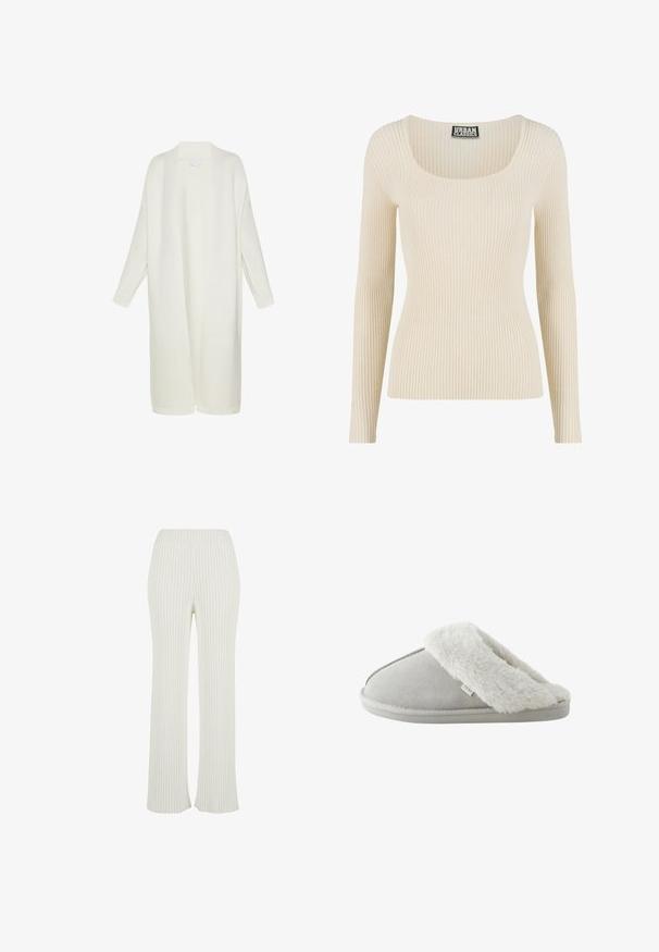 Lang, åbenstrikket cardigan i blød hvid farve, der har en afslappet pasform, lange ærmer og ribbede mansjetter og kant.; Ribbet langærmet top i off-white med bred scoop-udskæring og tætsiddende silhuet. Fremstillet af blødt, elastisk materiale.; Cremefarvede ribstrikkede bukser med flared design. Har en bred elastisk talje og lodrette striber for ekstra tekstur.; Lysegrå slip-on tøfler med blødt hvidt kunstpelsfor og sål mærket "NEXT," set fra siden på hvid baggrund.