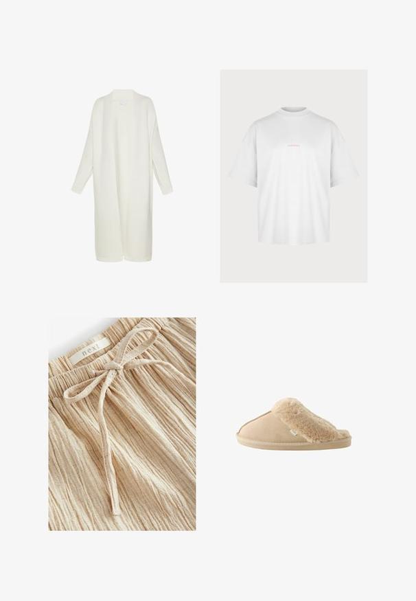 Lang, åbenstrikket cardigan i blød hvid farve, der har en afslappet pasform, lange ærmer og ribbede mansjetter og kant.; Pegador GABI HEAVY OVERSIZED TEE - T-shirts print - white; Beige teksturerede shorts med en samlet talje og en frontbinding, lavet af let stof med fine, lodrette linjer.; Beige slippers med en blød faux fur-overdel og en suede underdel. Har en tekstureret sål og detaljer med stikninger på siden. Mærkets tag er synligt.