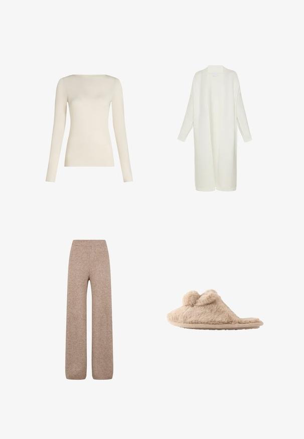 Cardigan long en maille ouverte de couleur blanche douce, présentant une coupe décontractée, des manches longues et des poignets et un ourlet côtelés.; Haut à manches longues en blanc cassé, fabriqué en tissu doux, avec un col rond et une silhouette ajustée. Texture lisse sans motifs ni accents.; Pantalons larges en tricot de couleur marron clair avec une taille et des poignets côtelés, présentant un tissu doux et texturé. Pas de poches visibles.; Chausson beige duveteux à enfiler avec deux pompons sur le dessus et une semelle plate, conçu pour une utilisation intérieure.