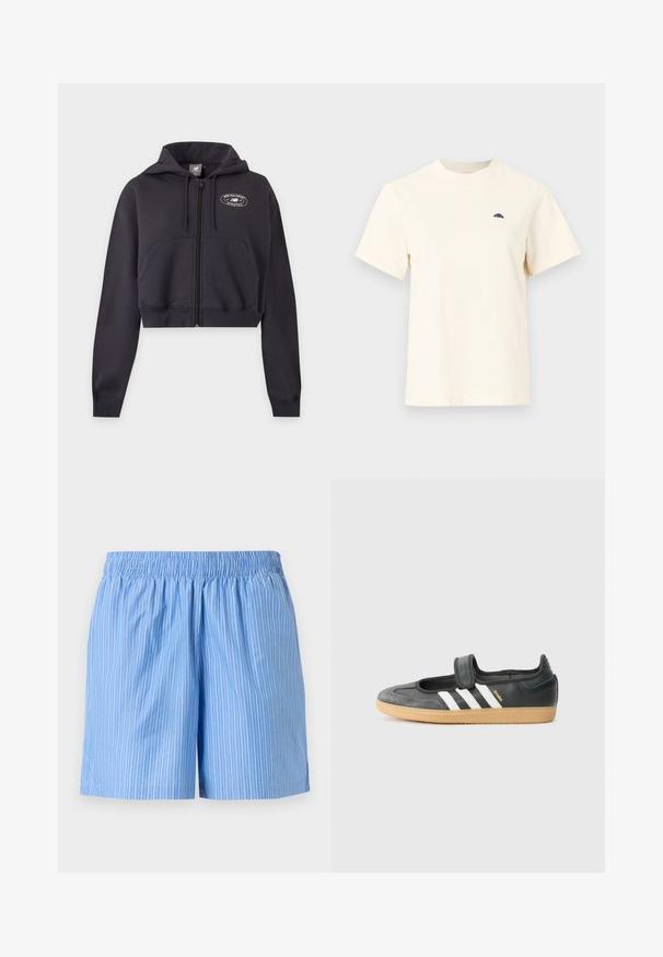 Hoodie court noir zippé avec poches avant, capuche à cordon et petit logo blanc New Balance Athletics sur la poitrine.; T-shirt crème à manches courtes et col rond avec petit logo demi-cercle noir sur le côté gauche de la poitrine, design uni sur fond gris clair.; Shorts en coton bleu clair avec des fines rayures blanches verticales et une taille élastique froncée.; Sneaker en cuir noir et suède avec une sangle Velcro, arborant trois bandes blanches et une semelle en caoutchouc, étiqueté "SAMBA" sur le côté.