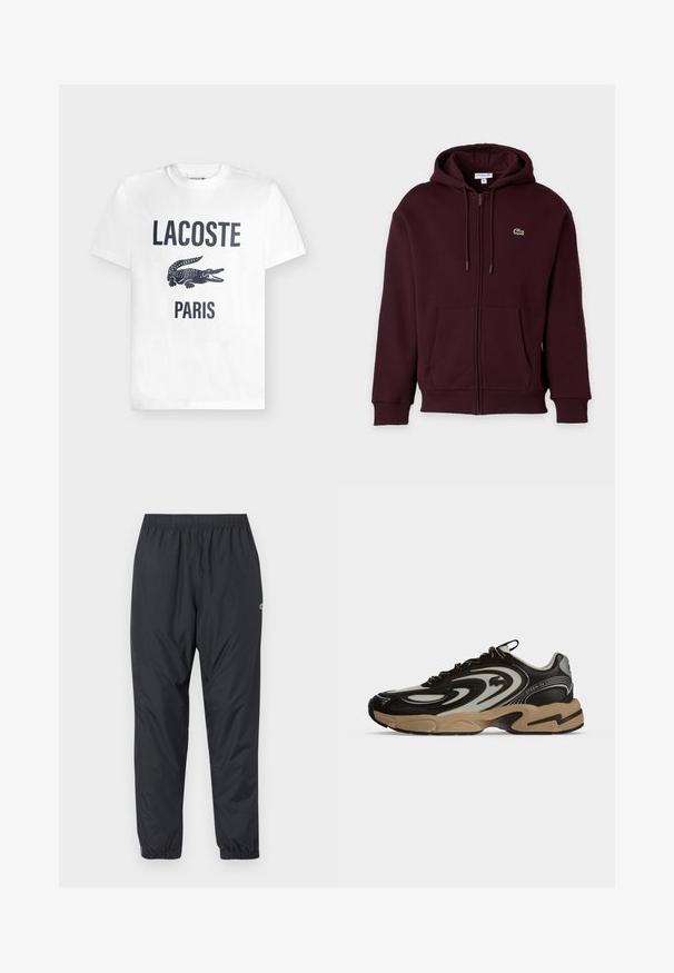 Sweat à capuche bordeaux foncé zippé avec poches avant, capuche à cordon et petit logo crocodile vert sur la poitrine gauche.; T-shirt blanc à manches courtes avec texte noir "LACOSTE", un grand imprimé crocodile noir et texte "PARIS" en dessous sur le devant.; Pantalons de jogging noirs, légers, résistants à l'eau, avec une taille élastique et des poignets froncés ; détails minimalistes avec un petit logo.; Baskets noires et beiges avec motifs ondulés, design à lacets et semelle épaisse sur fond clair uni.