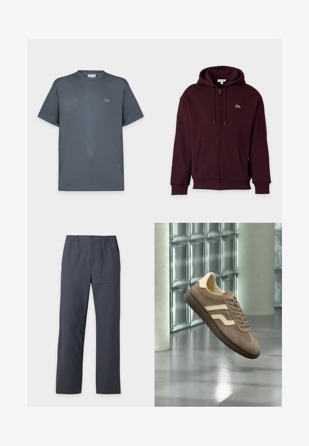 Sweat à capuche bordeaux foncé zippé avec poches avant, capuche à cordon et petit logo crocodile vert sur la poitrine gauche.; T-shirt gris foncé à manches courtes et col rond avec un petit logo crocodile vert sur la poitrine gauche, présenté sur un fond clair uni.; Pantalon droit gris foncé avec taille élastique et fermeture par boutons à l'avant sur un fond uni clair.; Baskets en daim marron avec des accents crème et une semelle en caoutchouc foncée flottant à l'intérieur contre un mur en verre et des piliers en béton.