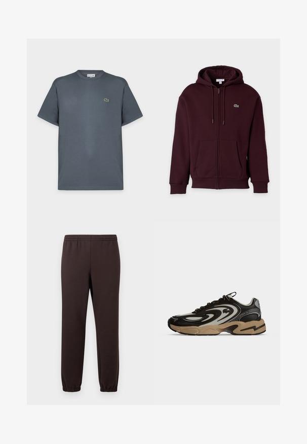 Sweat à capuche bordeaux foncé zippé avec poches avant, capuche à cordon et petit logo crocodile vert sur la poitrine gauche.; T-shirt gris foncé à manches courtes et col rond avec un petit logo crocodile vert sur la poitrine gauche, présenté sur un fond clair uni.; Pantalon de survêtement marron foncé avec taille et poignets élastiques, coupe droite, présenté sur un fond clair uni.; Baskets noires et beiges avec motifs ondulés, design à lacets et semelle épaisse sur fond clair uni.