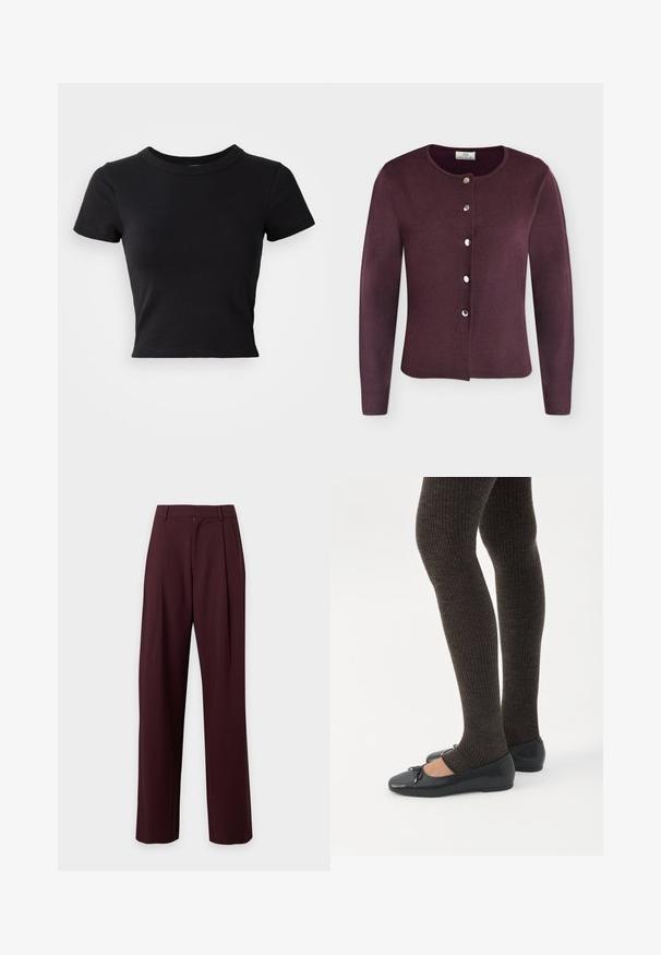 Mørk lilla cardigan med lange ærmer, rund halsudskæring og seks sølvfarvede trykknapper foran.; Sort cropped t-shirt lavet af solid bomuld, med korte ærmer og rund halsudskæring, med et glat og enkelt design.; Mørkebrune, højtaljede skræddersyede bukser med lige ben og bæltestropper, vist mod en ensartet lys baggrund.; Ben iført mørke ribbede leggings kombineret med sorte balletsko med små sløjfedetaljer på hvid baggrund.