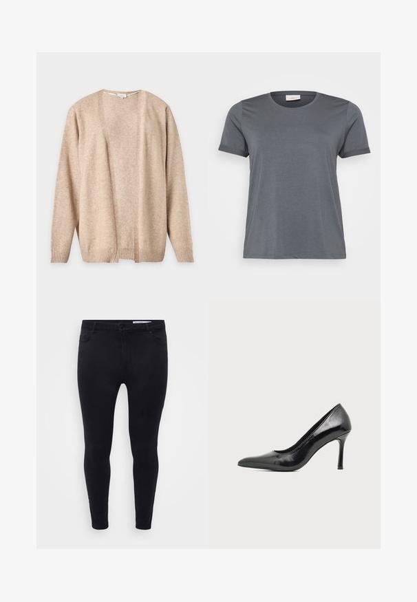 Lichtbeige, openvallend gebreide cardigan met lange mouwen en geribbelde manchetten en zoom, weergegeven tegen een effen achtergrond.; Grijze t-shirt met korte mouwen, gemaakt van zachte stof, met een klassieke ronde halslijn en omgeslagen mouwen. Een gladde textuur zonder zichtbare patronen.; Zwarte slim-fit jeans van rekbare denim, met een sluiting aan de voorkant met een knoop, riemlussen en vijf zakken met een gladde textuur.; Zwarte lakleren damesschoen met hoge hak, puntige neus en smalle hak op een effen lichte achtergrond.