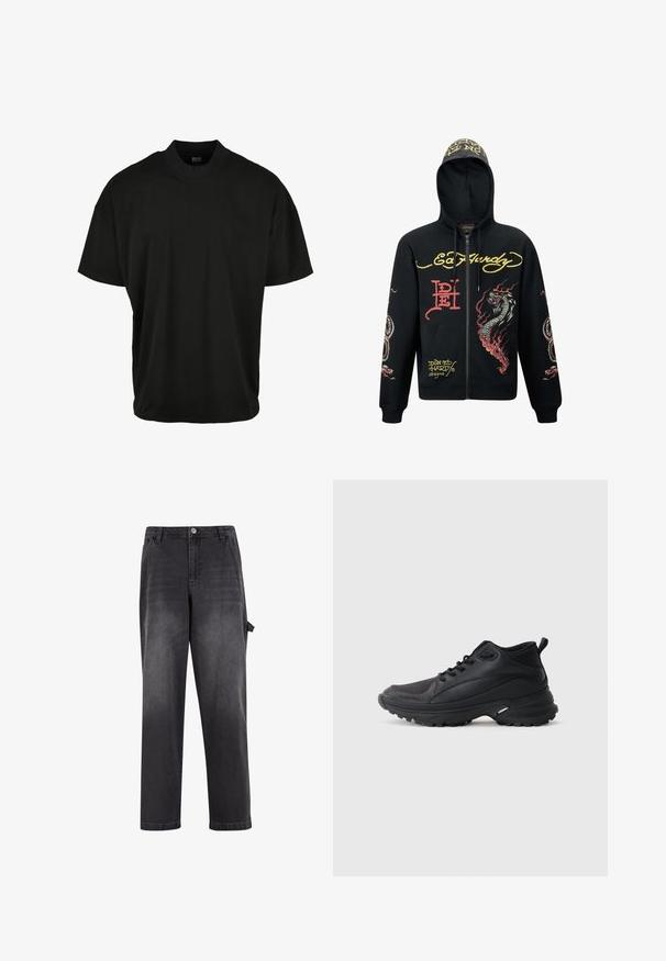 Sudadera negra con cremallera y capucha, que presenta gráficos coloridos de dragones y serpientes, tejido texturizado, puños acanalados y acentos de logo.; Camiseta de manga corta negra con diseño de cuello redondo, hecha de tela suave, que presenta un ajuste relajado y sin patrones o acentos visibles.; Jeans de mezclilla negra con corte relajado, que cuentan con cierre de botón, presillas para cinturón y un bolsillo lateral. Textura suave con detalles descoloridos.; Zapatillas deportivas negras hechas de material sintético. Presentan un cuello acolchado, puntera redonda, suela resistente con tracción y detalle del logo de la marca.