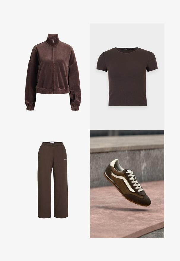 Bruine fleecejas met ritssluiting, hoge kraag, lange mouwen, elastische manchetten en zoom, met een klein geborduurd logo op de borst.; Korte mouw, donkerbruin geribd crop top met ronde halslijn op een effen lichte achtergrond.; Bruine sweatpants met wijde pijpen, elastische tailleband en een klein wit tekstlogo op het bovenbeen, tegen een witte achtergrond.; Bruine en donkerbruine suède sneaker met witte streep en veters, zwevend boven een roze stenen oppervlak en een grijze achtergrond.