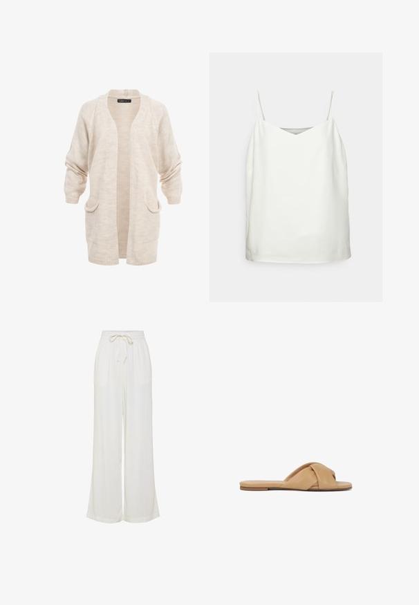Cardigan long beige en maille avec ouverture frontale, deux poches avant et épaules tombantes, manches légèrement froncées.; Haut sans manches blanc avec un décolleté en V, texture lisse et coupe décontractée. Présente des bretelles fines et un design minimaliste sans motifs.; Pantalons larges blancs en tissu léger, dotés d'une taille élastique avec un cordon de serrage et de deux poches latérales.; Sandales à glissière en cuir tan avec un design supérieur noué, semelle plate et texture lisse, conçues pour un usage décontracté.