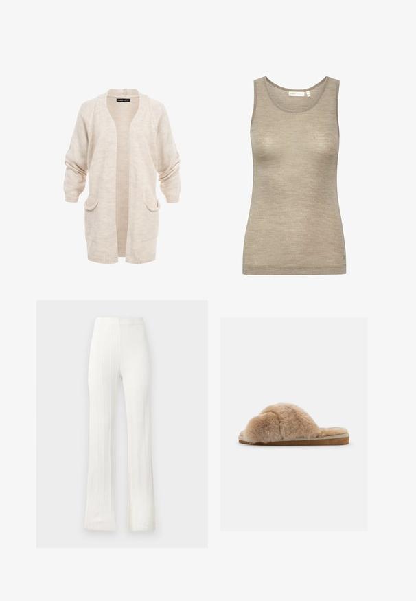 Cardigan long beige en maille avec ouverture frontale, deux poches avant et épaules tombantes, manches légèrement froncées.; Débardeur sans manches beige en tissu doux et texturé, présentant un col rond et une coupe légèrement cintrée avec des détails de couture minimalistes.; Pantalons blancs évasés en tissu texturé avec des nervures verticales. Ceinture élastique, sans fermetures ni poches visibles.; Chausson en peluche beige avec une texture douce, à dos ouvert et doublure intérieure. Semelle plate avec une base marron clair et des coutures beiges.
