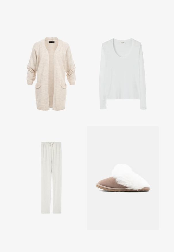 Beige langer gestrickter Cardigan mit offenem Vorderteil, zwei Vordertaschen und überschnittenen Schultern, die Ärmel sind leicht gerafft.; Langarm-weißes T-Shirt mit einem runden Halsausschnitt, aus leichtem Material, mit lockerer Passform und ohne zusätzliche Muster.; American Vintage JOGGING - Jogginghose - gris chine; Braune Wildleder-Pantoffel zum Hineinschlüpfen mit dicker, weißer Kunstfellfütterung und einer geriffelten Gummisohle, seitlich auf einem weißen Hintergrund gezeigt.