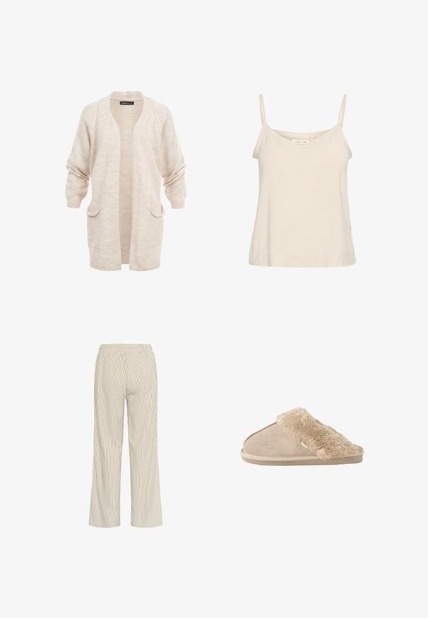 Beige lang strikket cardigan med åben front, to forlommer og sænkede skuldre, ærmer let rynkede.; Lys beige cami lavet af blødt stof, med tynde justerbare stropper og en V-udskæring med en let afslappet pasform.; Lys beige stribede bukser med løs pasform, der har en elastisk talje og lodrette linjer, som skaber et tekstureret udseende.; Beige slip-on tøfler med blødt ruskind yderside og blødt, fluffy inderfor og manchet, designet til komfort indendørs.
