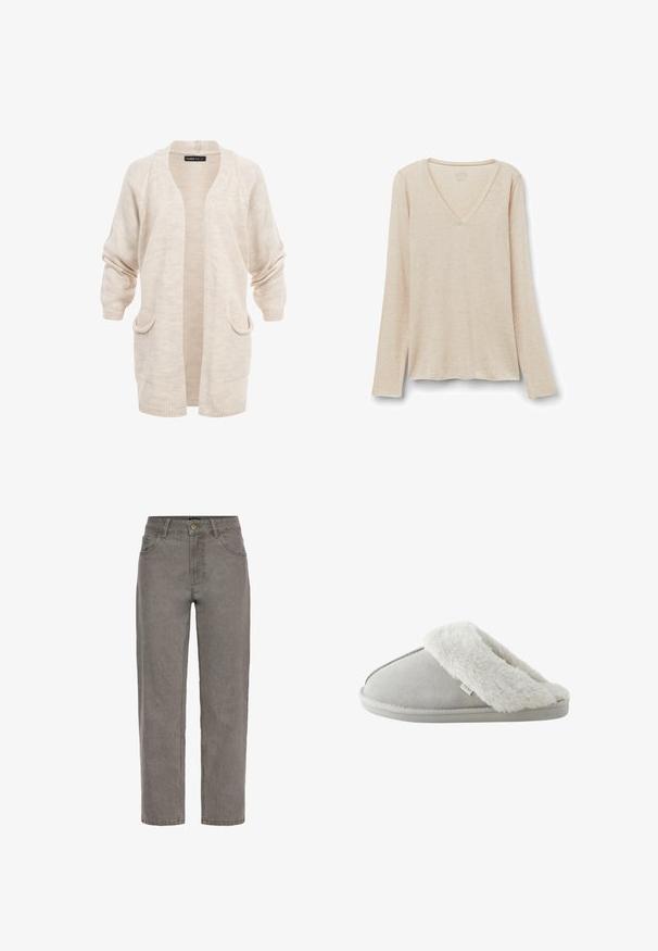 Beige lange gebreide cardigan met open voorkant, twee zakken aan de voorkant en verlaagde schouders, mouwen licht opgerimpeld.; Langarm V-hals top in lichtbeige stof met een zachte textuur. Relaxte pasvorm met een rechte zoom en een minimalistisch ontwerp.; Grijze denim jeans met rechte pijpen, knoop- en ritssluiting, voor- en achterzakken en riemlussen.; Lichtgrijze instappantoffel met zachte witte nepbonten voering en zool met label "NEXT,", gezien vanaf de zijkant tegen een witte achtergrond.