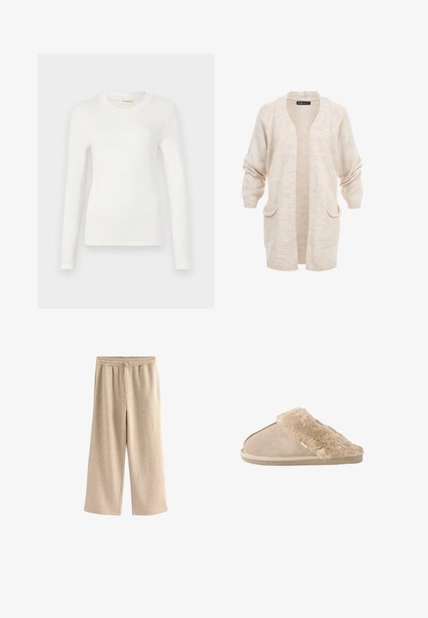 Cárdigan largo beige de punto con frente abierto, dos bolsillos delanteros y hombros caídos, mangas ligeramente arrugadas.; Camiseta blanca de manga larga hecha de tela suave, con un cuello redondo y una silueta ajustada. Diseño minimalista sin patrones ni acentos.; Pantalones de pierna ancha color crema, hechos de una suave mezcla de algodón. Presentan una cintura elástica con cordón y una sutil textura moteada.; Zapatilla beige sin cordones con exterior de ante suave y forro interior y borde mullidos y esponjosos, diseñada para la comodidad en interiores.