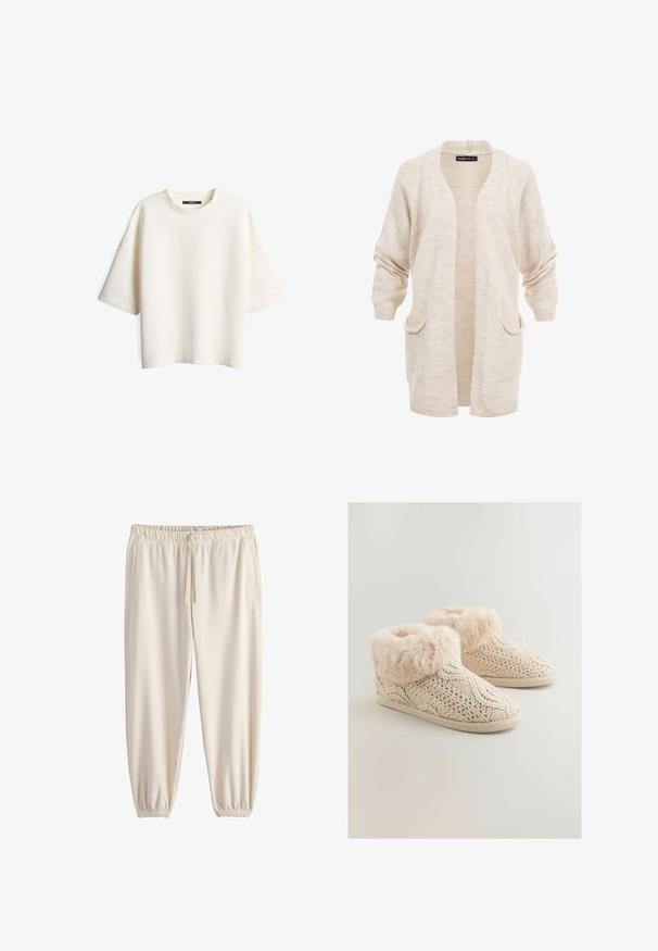Beige langer gestrickter Cardigan mit offenem Vorderteil, zwei Vordertaschen und überschnittenen Schultern, die Ärmel sind leicht gerafft.; Weißes, strukturiertes Kurzarm-T-Shirt mit Rundhalsausschnitt, das eine lockere Passform bietet und keine sichtbaren Verschlüsse oder Muster aufweist.; Jogginghosen in Cremefarbe aus weichem Stoff mit elastischem Bund, Kordelzug und zulaufenden Bündchen. Mit Seitentaschen ausgestattet.; Beige Strickslipper mit einem weichen Kunstpelzbund, strukturiertem Design und einer flachen rutschfesten Sohle für Komfort und Stabilität.