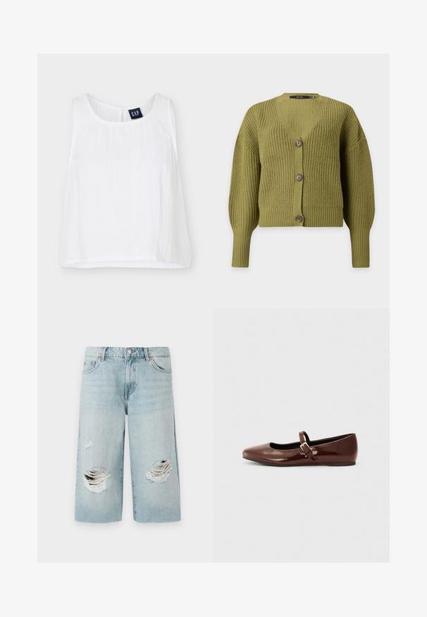 Cardigan tricoté vert olive avec manches longues, col en V et trois boutons marron sur le devant.; Top court blanc sans manches avec col rond et étiquette de marque GAP à l'intérieur du col au dos.; Shorts en denim bleu clair à coupe ample, présentant deux grandes déchirures sur le devant. Cinq poches et fermoir en métal visible.; Ballerine en cuir verni marron avec un bout carré et une lanière ornée d'une petite boucle dorée. Texture lisse, talon bas et design minimaliste.