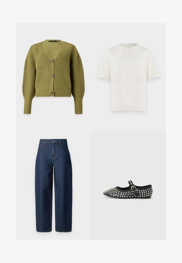 Cardigan tricoté vert olive avec manches longues, col en V et trois boutons marron sur le devant.; T-shirt blanc cassé uni à manches courtes et col rond, coupe décontractée, présenté sur un fond clair.; Jeans en denim bleu foncé taille haute, à jambe droite, avec fermeture à boutons, passants de ceinture, et poches avant et arrière, sur fond blanc.; RAID CASIEE - Ballerines - black