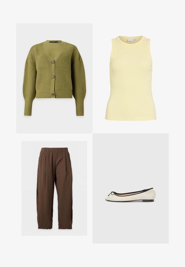 Cardigan tricoté vert olive avec manches longues, col en V et trois boutons marron sur le devant.; Débardeur côtelé sans manches jaune pâle avec encolure ronde, en tissu extensible, marque VILA, taille M.; Pantalon marron ample à taille élastique, jambes droites et tissu froncé, présenté sur un fond clair et uni.; Ballerine en textile beige avec une bordure noire. Affiche un bout arrondi et un petit nœud en accent sur le devant. Semelle basse.