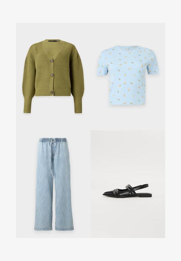 Cardigan tricoté vert olive avec manches longues, col en V et trois boutons marron sur le devant.; Crop top court à manches courtes bleu clair côtelé avec encolure ronde et petits motifs de fruits orange dispersés sur le tissu.; Pantalon large en denim bleu clair avec taille élastique et cordon de serrage, poches avant et coupe décontractée.; Even&Odd by Zalando Ballerines à brides arrière - black