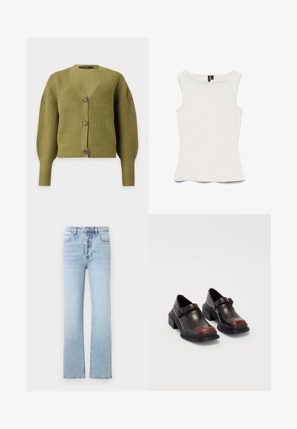 Cardigan tricoté vert olive avec manches longues, col en V et trois boutons marron sur le devant.; Haut blanc sans manches en maille côtelée avec encolure bateau et silhouette ajustée, posé à plat sur un fond blanc.; Jean en denim bleu clair avec une coupe droite, dotés d'une taille haute, d'un style classique à cinq poches et d'un léger effet délavé.; Chaussures à talons carrés en cuir avec une finition bordeaux foncé brillante, dotées d'une sangle avec boucle et d'un design à bout arrondi. Semelle texturée pour une meilleure adhérence.