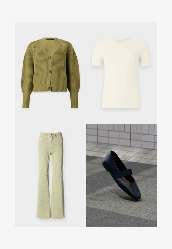 Olivgrüner Strickcardigan mit langen Ärmeln, V-Ausschnitt und drei braunen Knöpfen auf der Vorderseite.; Cremefarbener, gerippter Kurzarm-T-Shirt mit Rundhalsausschnitt und schlanker Passform, dargestellt vor hellem, einfarbigem Hintergrund.; Hellgrüne ausgestellte Jeans mit Knopf- und Reißverschluss, Vorder- und Gesäßtaschen sowie Gürtelschlaufen auf weißem Hintergrund.; Schwarze Leder-Ballerina mit runder Zehenpartie, ausgestattet mit einem weichen schwarzen Elastikband über dem Vorderfuß. Glatte Textur und minimalistisches Design.