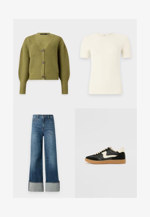 Olijfgroene gebreide cardigan met lange mouwen, V-hals en drie bruine knopen aan de voorkant.; Roomkleurige, geribbelde, korte mouwen top met ronde hals en een slanke pasvorm, getoond op een effen lichte achtergrond.; Lee STELLA - Wide leg - richter; Zwarte suède en leren sneaker met een crèmekleurige zij-swoosh en lichte crèmekleurige hiel. Voorzien van beige veters en een gumrubberen zool.