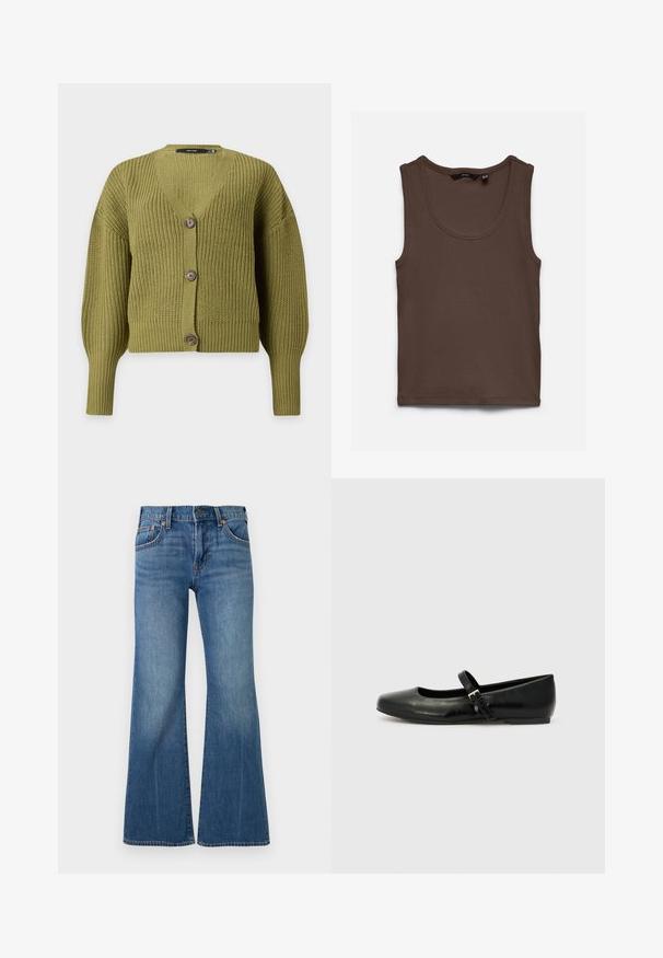 Olivengrøn strikket cardigan med lange ærmer, V-udskæring og tre brune knapper foran.; Brun ærmeløs ribstrikket tanktop med rund halsudskæring, lagt fladt på en lys baggrund.; Blå denim jeans med høj talje, klassisk fem-lomme design, metal knap og vidde ben med vidde.; Sorte læder balletflade med rund tå, flad sål og en tynd justerbar rem over svangen med en metalspænde.