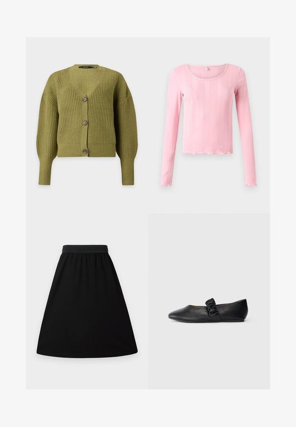 Olijfgroene gebreide cardigan met lange mouwen, V-hals en drie bruine knopen aan de voorkant.; Langere roze top met lange mouwen, gemaakt van geribbelde stof, met een ronde halslijn en een gegolfde zoom aan de onderkant en manchetten.; Zwarte A-lijn rok met een elastische tailleband, gemaakt van een gladde, lichte stof; heeft een eenvoudig, effen ontwerp zonder patronen.; Zwarte platte schoen met een geplooide elastische band over de bovenkant en een ronde neus op een plain witte achtergrond.