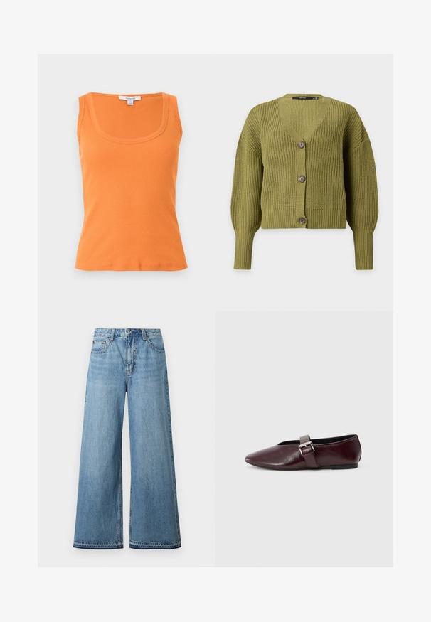 Cardigan tricoté vert olive avec manches longues, col en V et trois boutons marron sur le devant.; Débardeur orange côtelé sans manches avec encolure arrondie, coupe ajustée et étiquette de marque Topshop sur fond gris clair.; Jean en denim bleu clair taille haute avec jambes larges, fermeture avant par bouton et fermeture éclair, et design à cinq poches.; Ballerines en cuir bordeaux avec un bout pointu, une semelle plate et une sangle décorative avec boucle sur le cou-de-pied. Texture lisse et brillante.