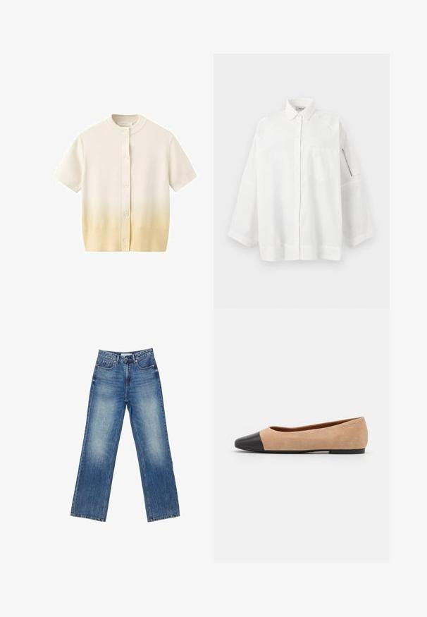 Kortærmet cardigan med knapper i cremefarve med en subtil gradient til beige ved kanten, med rund halsudskæring og ribbede ærmekanter.; Hvid oversized skjorte med knapper, krave, venstre brystlomme og lynlåslomme på venstre ærme, sat mod en ensfarvet baggrund.; Blå denimjeans med lige ben, lukning med knap og lynlås, forlommer og møntlomme samt diskrete falmede detaljer.; Beige ruskind balletflade med en sort læder rund tåkap, lav hæl og glat tekstur, der har minimal syning og et enkelt design.