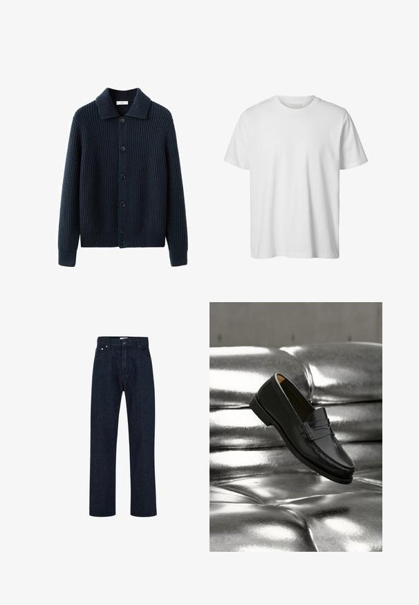 Marineblå ribstrikket cardigan med krave, knapper foran og lange ærmer. Tekstureret stof med en let løs pasform og ensfarvet.; Enkelt hvid T-shirt med korte ærmer og rund hals, løs pasform og uden synlige logoer eller designs foran.; Mørkeblå lige denim jeans med foran knap- og lynlåslukning, bælteholdere og forlommer.; Sort læderloafer svæver over en skinnende sølvfarvet, polstret lædersofa i et minimalistisk miljø.