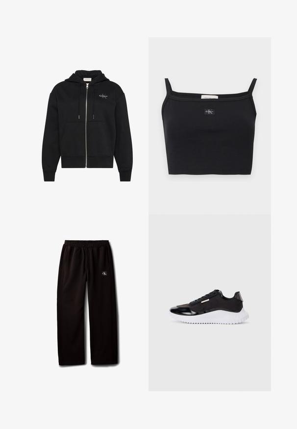 Zwarte hoodie met rits, voorzakken, trekkoorden en klein Calvin Klein-logo op de linkerborst.; Zwart geribbeld cropped topje met dunne bandjes en een klein Calvin Klein-logo patch in het midden van de borst.; Zwarte wijde broek met elastische tailleband en zijzakken, met een klein Calvin Klein logo-patch op de rechterdij.; Zwarte sportieve schoenen met een glad bovenwerk van synthetisch materiaal, een witte, stevige zool, gestructureerde accenten en zwarte veters. Minimalistisch ontwerp, zonder zichtbare logo's.