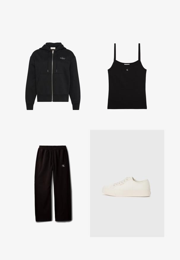 Zwarte hoodie met rits, voorzakken, trekkoorden en klein Calvin Klein-logo op de linkerborst.; Zwarte cropped tanktop met dunne schouderbandjes en een klein zilveren CK-logo gecentreerd onder de halslijn.; Zwarte wijde broek met elastische tailleband en zijzakken, met een klein Calvin Klein logo-patch op de rechterdij.; Sneakers van off-white canvas, met een laag ontwerp, ronde neus en platte rubberen zool met subtiele stiksels.