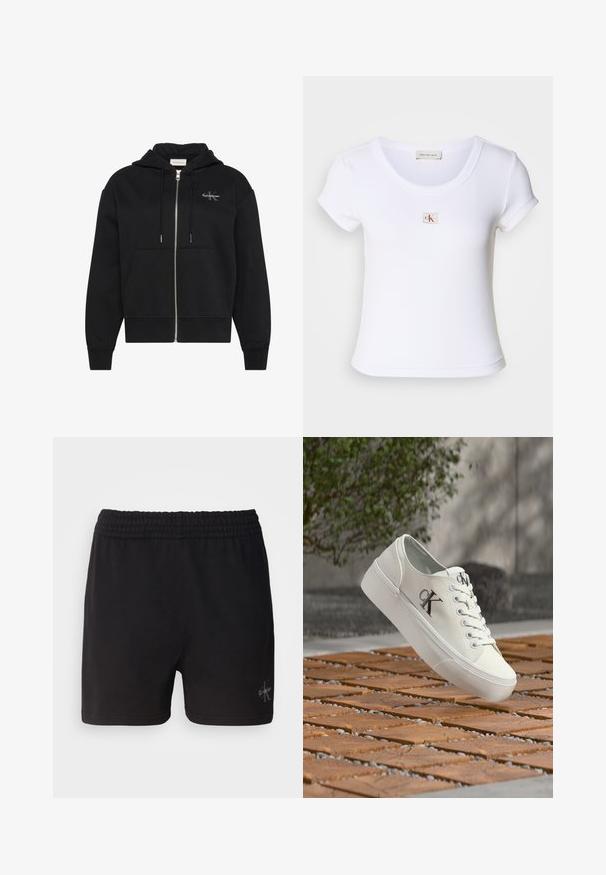 Zwarte hoodie met rits, voorzakken, trekkoorden en klein Calvin Klein-logo op de linkerborst.; Witte fitted t-shirt van ribstof, met een ronde halslijn en korte mouwen. Een klein CK-logo is op de borst gestikt.; Zwarte katoenen shorts met een elastische tailleband en het Calvin Klein-logo in zilver in de rechteronderhoek. Gladde textuur.; Witte sneaker van Calvin Klein met plateauzool die zweeft boven een houten tegelvloer buiten, nabij groen struikgewas.