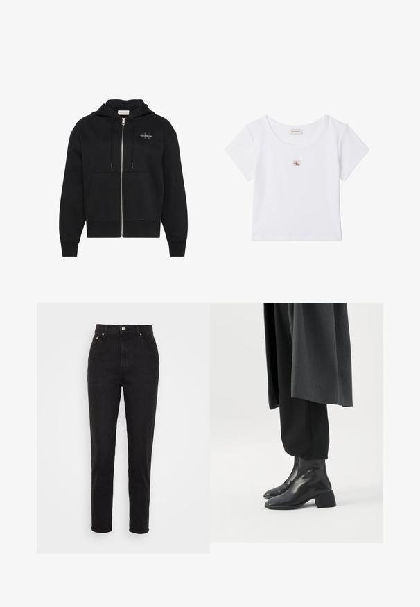 Čierna mikina na zips s kapucňou, prednými vreckami, tkaničkami a malým logom Calvin Klein na ľavej strane hrude.; Biely krátky crop top s krátkymi rukávmi, guľatým výstrihom a malou štvorcovou nášivkou s logom Calvin Klein Jeans v strede vpredu.; Čierne vysoké slim-fit džínsy so zapínaním na gombík vpredu, pútkami na opasok a dizajnom s piatimi vreckami na bielom pozadí.; Čierne kožené členkové čižmy s nízkymi blokovými podpätkami nosené s čiernymi nohavicami a tmavosivým dlhým kabátom.