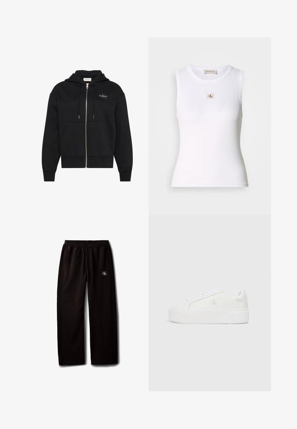 Sudadera negra con capucha y cremallera, con bolsillos delanteros, cordones y pequeño logo de Calvin Klein en el pecho izquierdo.; Camiseta sin mangas blanca con canalé y etiqueta de Calvin Klein Jeans en el pecho y etiqueta interior en el cuello.; Pantalones negros de pierna ancha con cintura elástica y bolsillos laterales, con un pequeño parche con el logo de Calvin Klein en el muslo derecho.; Zapatillas de plataforma blancas con parte superior de cuero suave, punta redondeada, cordones blancos y un sutil detalle de logotipo en el lateral. Suela de goma plana.