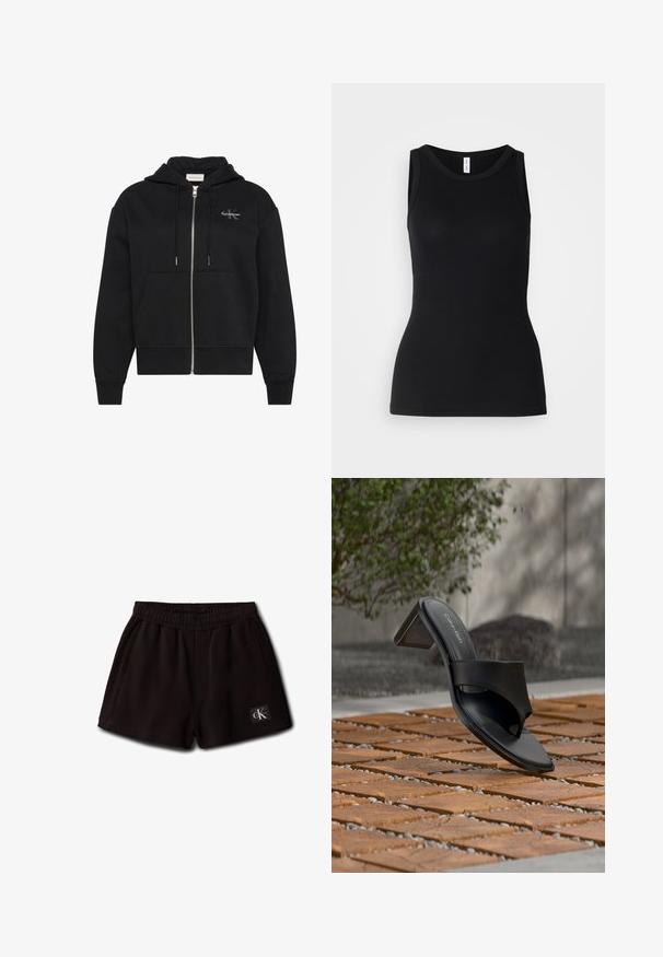 Must kapuutsiga lukuga dressipluus ees taskute, paelte ja väikese Calvin Klein logoga vasakul rinnal.; Must mustamata rinnanõmblusega särk, mis on valmistatud ribaliselt kangast, silmapaistva disainiga, millel on sujuv tekstuur ja ilma mustriteta.; Mustad elastse vöökohaga lühikesed püksid, küljetaskud ja väike Calvin Kleini logo märk ees alumisel vasakul küljel.; Mustad Calvin Kleini kontsadega sandaal varbatsükliga, paikneval puidust plaatpõrandal õues puu ja kivimüüri lähedal.