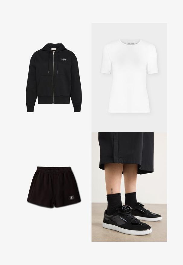 Sudadera negra con capucha y cremallera, con bolsillos delanteros, cordones y pequeño logo de Calvin Klein en el pecho izquierdo.; Camiseta blanca de manga corta con cuello redondo, ajuste slim y textura de tejido acanalado, mostrada sobre un fondo liso gris claro.; Pantalones cortos negros con cintura elástica, bolsillos laterales y un pequeño parche con el logo de Calvin Klein en la parte frontal inferior izquierda.; Zapatillas negras con materiales de ante y charol, con una suela blanca, diseño de cordones y un acento de lengua de marca.