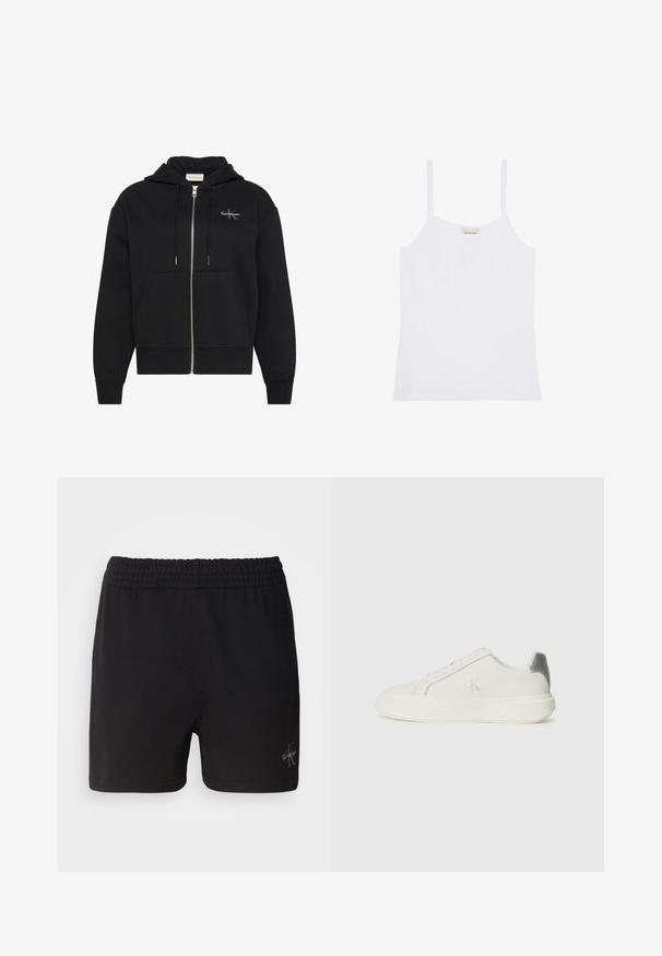 Zwarte hoodie met rits, voorzakken, trekkoorden en klein Calvin Klein-logo op de linkerborst.; Witte Calvin Klein damestanktop met dunne schouderbandjes en een simpel, aansluitend ontwerp.; Zwarte katoenen shorts met een elastische tailleband en het Calvin Klein-logo in zilver in de rechteronderhoek. Gladde textuur.; Witte sneaker van leer met een gladde textuur, featuring een zilveren accent op de hiel, een platte zool en een minimalistisch ontwerp.