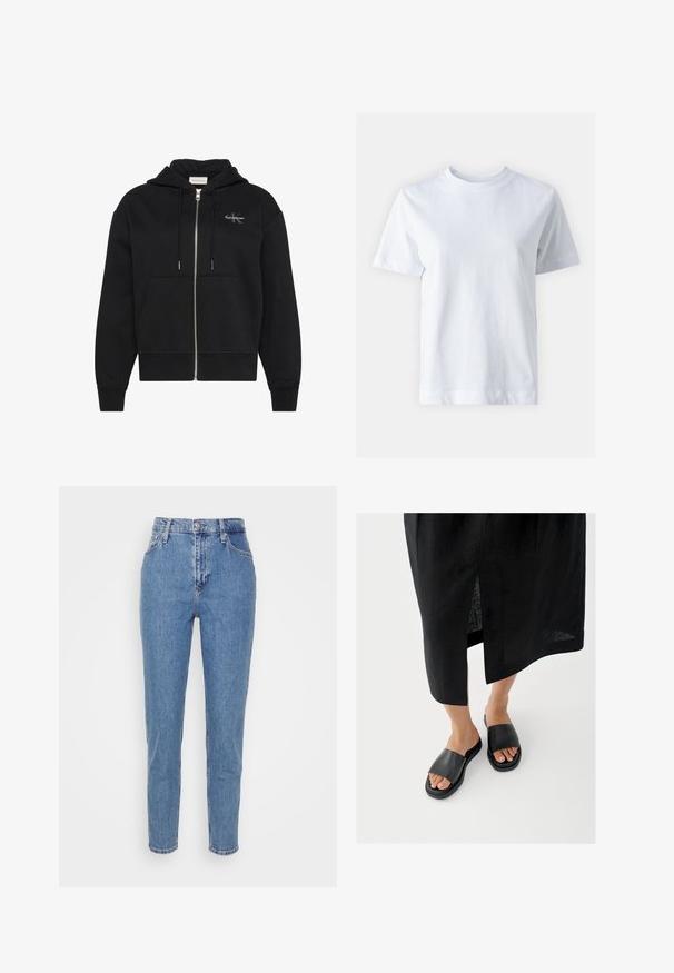 Sort hættetrøje med lynlås, frontlommer, snøre og lille Calvin Klein-logo på venstre bryst.; Hvid bomulds t-shirt med rund halsudskæring, korte ærmer, lige snit og glat tekstur. Ingen mønstre eller dekorationer.; Blå højtaljede lige jeans med frontknap og lynlås, bæltestropper og lommer, præsenteret på en ensfarvet hvid baggrund.; Sorte slidssandaler med bred rem, flad sål og minimalistisk design. Materialet virker glat med en mat finish.