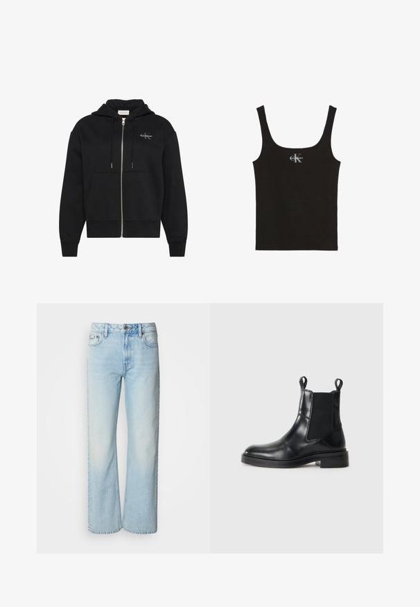 Sweat à capuche zippé noir avec poches avant, cordons et petit logo Calvin Klein sur la poitrine gauche.; Débardeur noir côtelé avec larges bretelles et logo Calvin Klein blanc au centre de la poitrine, sur fond blanc.; Jeans à jambes larges bleu clair en denim, présentant un design classique à cinq poches et une texture légèrement décolorée. La couture en denim est visible.; Bottine Chelsea noire en cuir avec panneaux élastiques sur les côtés et tirants, sur fond blanc, vue de côté.