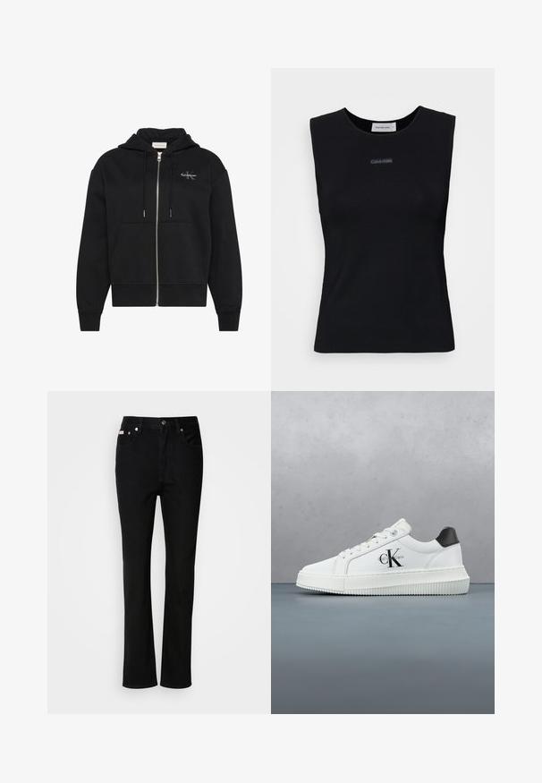 Sort hættetrøje med lynlås, frontlommer, snøre og lille Calvin Klein-logo på venstre bryst.; Sort ærmeløs top lavet af glat stof. Har en rund halsudskæring og et lille Calvin Klein-logo i midten. Simpelt og tætsiddende design.; Sorte lige ben jeans med frontknap og lynlås, belteklip og fem-lomme design.; Hvide lavtoppede sneakers med sort hælkænke, platformssål, snørebånd og Calvin Klein "CK" logo på siden.