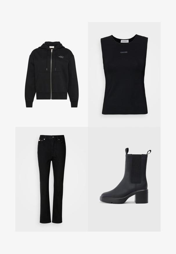 Čierna mikina na zips s kapucňou, prednými vreckami, tkaničkami a malým logom Calvin Klein na ľavej strane hrude.; Čierny bezrukávový top vyrobený z hladkej látky. Má okrúhly výstrih a malé logo Calvin Klein na strede. Jednoduchý a priliehavý dizajn.; Čierne džínsy s rovnými nohavicami, s predným gombíkom a zipsom, pútka na opasok a s piatimi vreckami.; Čierne členkové topánky z hladkého gumového materiálu, s elastickými bočnými panelmi, blokovým podpätkom a sťahovacími pútkami na vrchu pre jednoduché obúvanie.